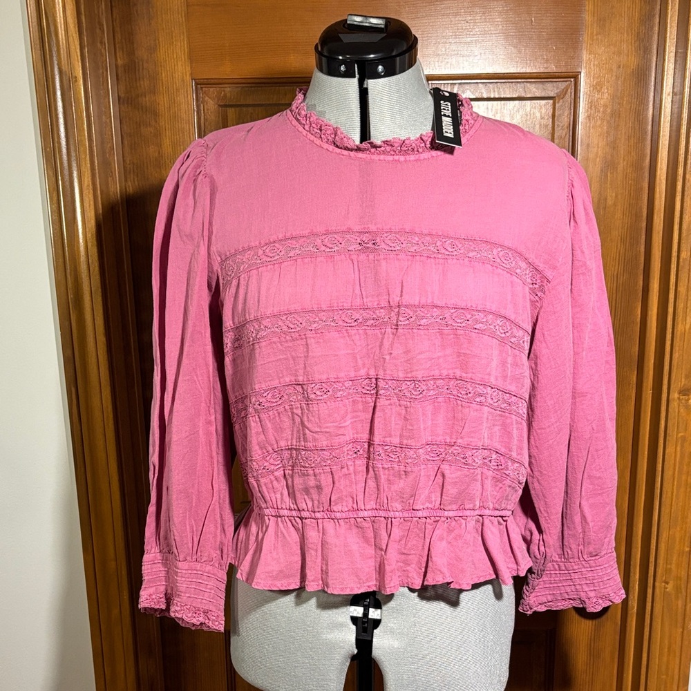 Steve Madden Geneva Lace Trim Cotton Top Misty Rose Cottagecore Peplum Large NWT